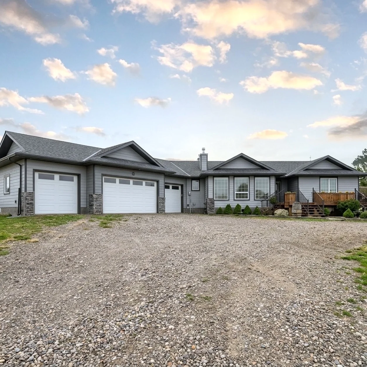 Exterior renovation project on an acreage property near Okotoks completed by Rhino Exteriors featuring premium siding, roofing upgrades, and custom exterior finishes