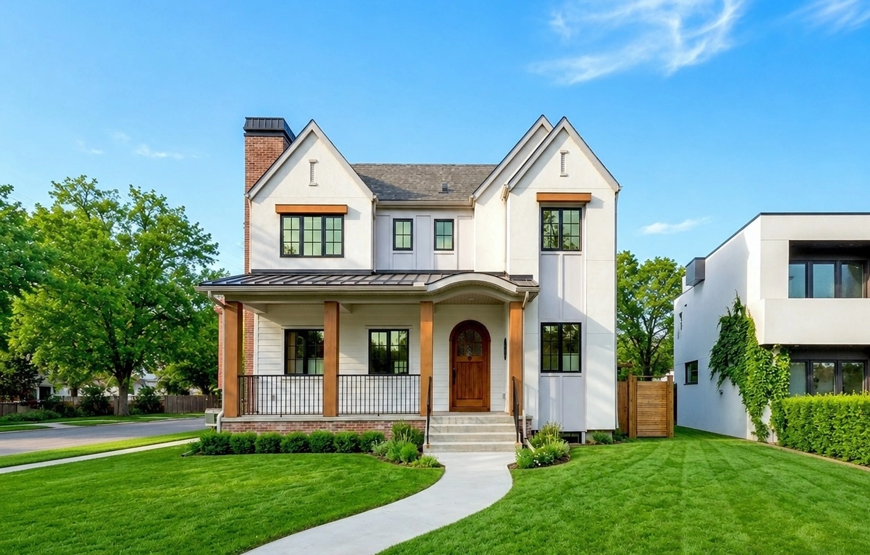 Horizontal Renfrew Calgary custom home exterior featuring James Hardie® accent walls, LP® SmartSide® trim, wood-clad columns, and architectural soffit finishes by Rhino Exteriors