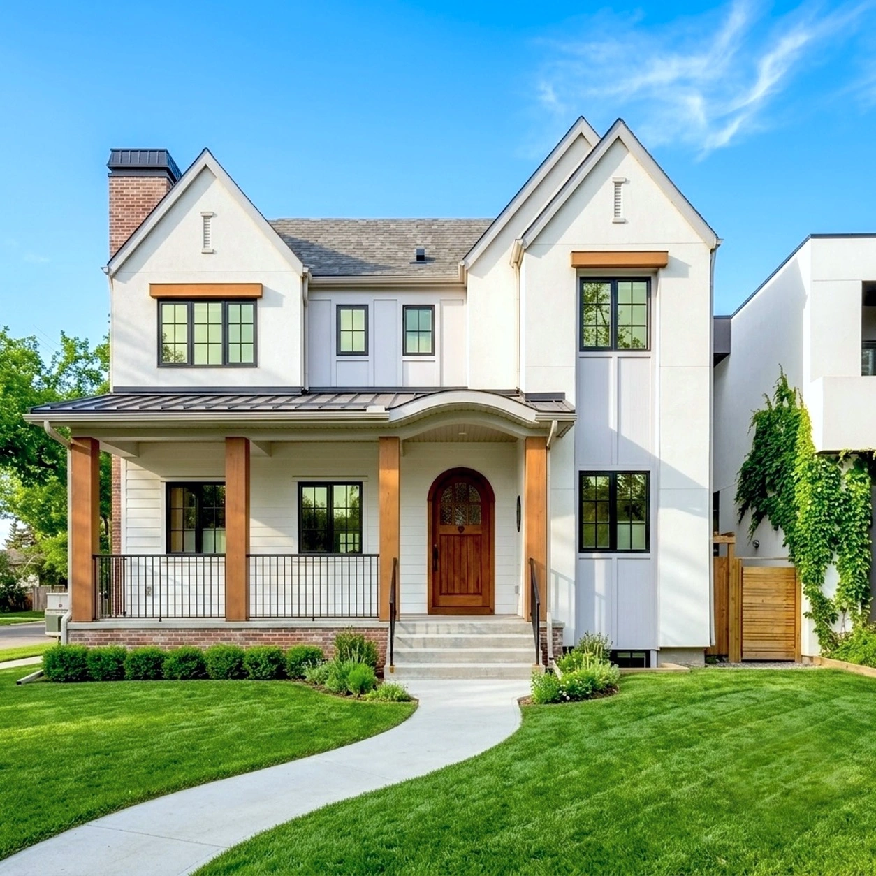 Renfrew Calgary custom home exterior featuring James Hardie® accent walls, LP® SmartSide® trim, wood-clad columns, and architectural soffit finishes by Rhino Exteriors