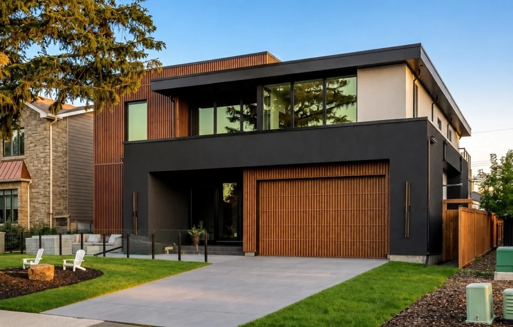 Altadore Calgary custom home exterior featuring James Hardie® shake siding, SmartBoard® trim systems, and architectural wood accents by Rhino Exteriors