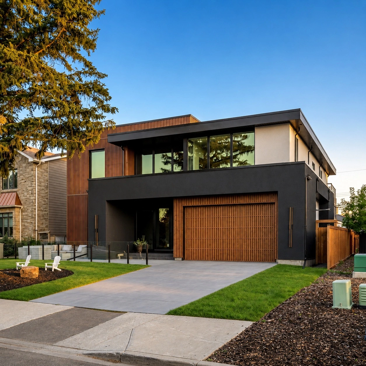 Altadore Calgary custom home exterior featuring James Hardie® shake siding, SmartBoard® trim systems, and architectural wood accents by Rhino Exteriors