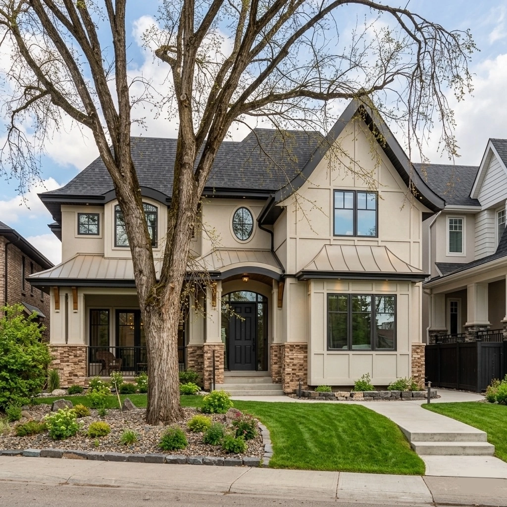 Exterior renovation project by Rhino Exteriors featuring premium siding, roofing, and custom exterior finishes on a modern custom home in Calgary area