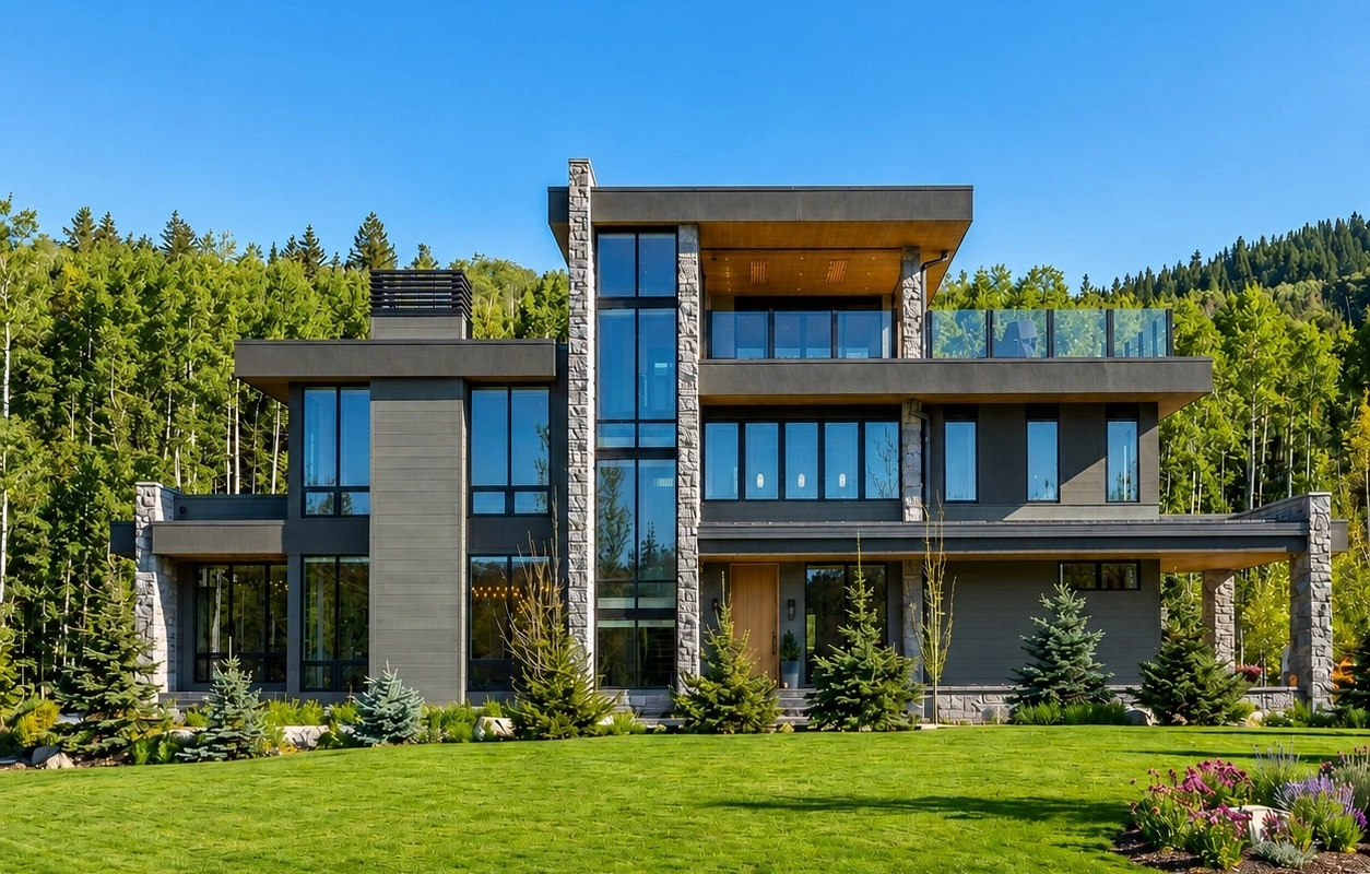 Horizontal Preview of the Springbank Hill Calgary custom home exterior featuring James Hardie® Artisan Shiplap siding, architectural metal accents, pine soffits, and oversized aluminum downspouts