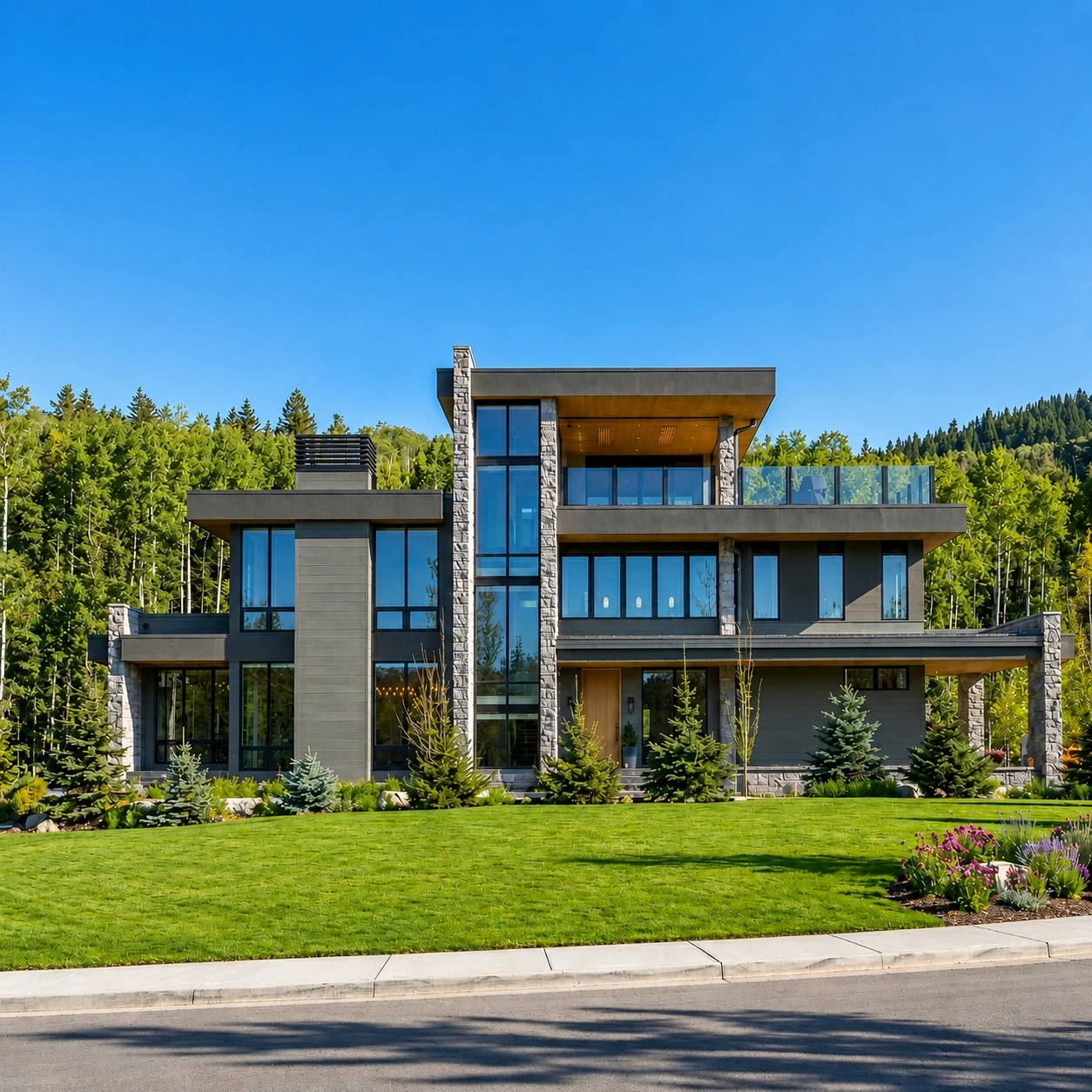 Springbank Hill Calgary custom home exterior featuring James Hardie® Artisan Shiplap siding, architectural metal accents, pine soffits, and oversized aluminum downspouts