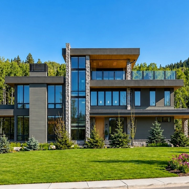 Preview of the Springbank Hill Calgary custom home exterior featuring James Hardie® Artisan Shiplap siding, architectural metal accents, pine soffits, and oversized aluminum downspouts
