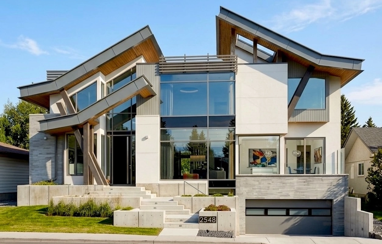 St. Andrews Heights Calgary custom home exterior featuring reSAWN timber, ACM panels, corrugated steel, and architectural metal systems by Rhino Exteriors