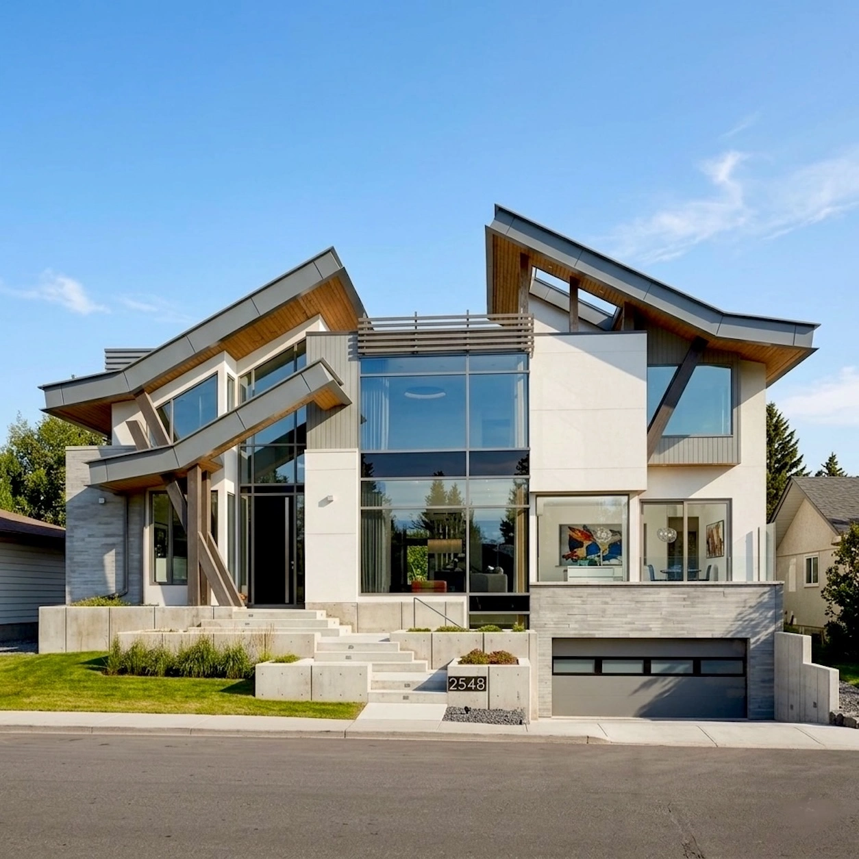St. Andrews Heights Calgary custom home exterior featuring reSAWN timber, ACM panels, corrugated steel, and architectural metal systems by Rhino Exteriors